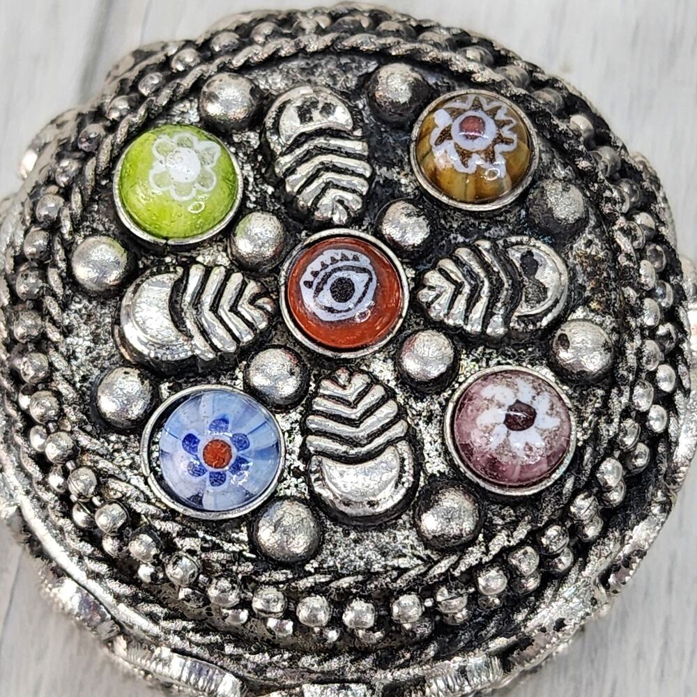 Ornate Silver Tone Trinket Box 2" Lined Jewelry Box Faux Marble Stones Vintage